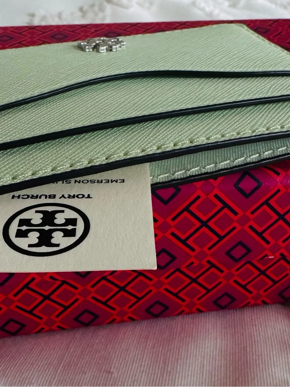 Tory Burch Light Mint Leather Card Holder with Silver Logo